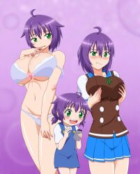Rule 34 | 3girls, absurdres, bra, breasts, cleavage, finger to mouth, grabbing own breast, green eyes, highres, large breasts, legs, looking at viewer, low twintails, multiple girls, navel, original, panties, pout, purple hair, school uniform, short hair, skirt, smile, solo, thighs, twintails, underwear, white bra, white panties, yukino akaihi