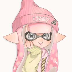Rule 34 | 1girl, :p, beanie, closed mouth, grey eyes, hat, highres, inkling, inkling girl, inkling player character, lemo (lemo 4), long hair, looking at viewer, nintendo, pink hair, pink hat, pointy ears, simple background, sleeves past wrists, smile, solo, splatoon (series), tentacle hair, tongue, tongue out, upper body, white background