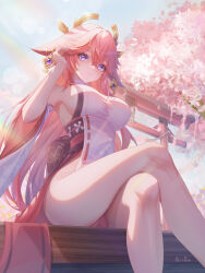 Rule 34 | 1girl, absurdres, animal ears, bare legs, bare shoulders, blush, breasts, cherry blossoms, closed mouth, crossed bangs, crossed legs, detached sleeves, earrings, feet out of frame, floppy ears, fox ears, from below, genshin impact, hair between eyes, hair ornament, hand in own hair, highres, japanese clothes, jewelry, juuhachi kin (anthonyy1821), large breasts, legs, long hair, long sleeves, looking at viewer, nontraditional miko, outdoors, panties, pantyshot, pink fur, pink hair, purple eyes, sideboob, sitting, smile, solo, taut clothes, thick thighs, thighs, tomoe (symbol), underwear, wide sleeves, yae miko
