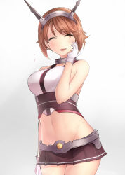 Rule 34 | 10s, 1girl, ^ ^, blush, breasts, brown hair, closed eyes, collar, commentary request, crop top, cropped legs, eyebrows, female focus, flying sweatdrops, gloves, hairband, hand on own cheek, hand on own face, highres, kantai collection, large breasts, microskirt, mutsu (kancolle), navel, neit ni sei, short hair, skirt, smile, solo