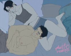 Rule 34 | 2boys, abs, artist name, bara, bed, black hair, black male underwear, black tank top, blush, couple, crossed arms, facial scar, grey pants, kashikahaya, large pectorals, looking at another, lying, male focus, male underwear, multiple boys, muscular, muscular male, nipples, on back, on bed, on side, original, pants, pectorals, pillow, scar, scar on cheek, scar on face, short hair, smile, tank top, teeth, topless male, underwear, yaoi
