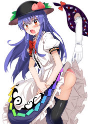 Rule 34 | 2girls, ass, black headwear, black legwear, blouse, blue hair, blue skirt, blush, bow, bowtie, center frills, clothes lift, commentary request, e.o., elbow gloves, feet out of frame, food, frills, fruit, gap (touhou), gloves, hair between eyes, highres, hinanawi tenshi, leaf, lifting another&#039;s clothes, long hair, looking at viewer, multiple girls, panties, peach, petticoat, pink panties, puffy short sleeves, puffy sleeves, red bow, red eyes, red neckwear, shirt, short sleeves, simple background, skirt, skirt lift, solo focus, standing, thighhighs, thighs, touhou, underwear, white background, white gloves, white shirt, wing collar, yakumo yukari