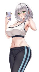 Rule 34 | 1girl, breasts, cleavage, fake phone screenshot, fake screenshot, green eyes, hair between eyes, highres, hololive, large breasts, navel, pants, piukute062, shirogane noel, short hair, silver hair, simple background, sketch background, solo, sweatpants, unfinished, virtual youtuber, white background