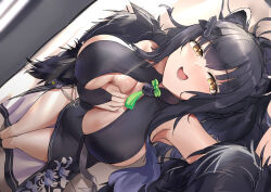 Rule 34 | 1girl, absurdres, alternate costume, animal ears, armpits, between breasts, black hair, blue archive, blush, breasts, chinese clothes, hand between breasts, happy, highres, large breasts, long hair, open mouth, paizuri invitation, qianshui baodan, shun (blue archive), smile, solo, yellow eyes
