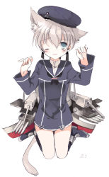 Rule 34 | 10s, 1girl, animal ears, bad id, bad pixiv id, cat ears, cat tail, cierra (ra-bit), clothes writing, grey hair, hat, kantai collection, kneeling, long sleeves, looking at viewer, machinery, neckerchief, one eye closed, personification, ra-bit, sailor hat, school uniform, serafuku, side ponytail, solo, tail, white background, wink, z1 leberecht maass (kancolle)