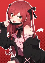 Rule 34 | 1girl, bare shoulders, black jacket, black ribbon, blush, commentary request, fang, hair ribbon, highres, idolmaster, idolmaster shiny colors, jacket, long hair, looking at viewer, mask, mouth mask, off-shoulder shirt, off shoulder, open mouth, osaki amana, red background, red hair, reikakrzk, ribbon, shirt, solo, swept bangs, tongue, tongue out, vampire (vocaloid), yellow eyes