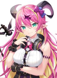 Rule 34 | 1girl, absurdres, akamoku, arm under breasts, bare shoulders, blonde hair, blush, bow, breasts, center frills, chest harness, colored inner hair, curled horns, demon horns, frills, green eyes, hair between eyes, harness, headphones, headphones around neck, highres, hololive, horn bow, horn ornament, horns, large breasts, long hair, looking at viewer, mano aloe, microphone, multicolored hair, pink hair, pointy ears, shirt, simple background, skull, sleeveless, sleeveless shirt, smile, solo, twitter username, two-tone hair, very long hair, virtual youtuber, white background, white shirt, wrist cuffs