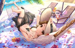 Rule 34 | :o, bangle, barefoot, beach, beach chair, bikini, black bikini, black sarong, bracelet, breasts, brown hair, cleavage, dog, hammock, hat, idolmaster, idolmaster cinderella girls, idolmaster cinderella girls starlight stage, jewelry, knee up, lens flare, looking at viewer, lying, medium breasts, mole, mole on breast, navel, necklace, no shoes, official art, ohta yuu, on back, palm tree, parasol, petals, sarong, shade, sparkle, straw hat, sunglasses, swimsuit, thigh strap, tree, umbrella