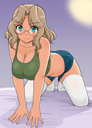 Rule 34 | 1girl, all fours, ass, blonde hair, blue eyes, blue shorts, blush, breasts, cleavage, closed mouth, collarbone, girls und panzer, glasses, green shirt, indoors, kay (girls und panzer), large breasts, long hair, looking at viewer, shirt, short shorts, shorts, smile, solo, thighhighs, uona telepin, white thighhighs