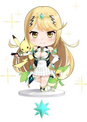 Rule 34 | 1girl, bare legs, bare shoulders, blonde hair, breasts, chest jewel, chibi, cleavage, cleavage cutout, clothing cutout, creatures (company), crossover, daive, dress, earrings, elbow gloves, game freak, gen 1 pokemon, gen 5 pokemon, gloves, highres, jewelry, large breasts, long hair, mythra (xenoblade), nintendo, pikachu, poke ball, pokemon, pokemon (creature), short dress, snivy, swept bangs, thigh strap, tiara, very long hair, white dress, white footwear, white gloves, xenoblade chronicles (series), xenoblade chronicles 2, yellow eyes