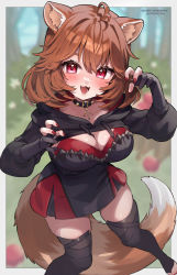 Rule 34 | 1girl, animal ears, apple, artist name, breasts, brown hair, character request, cleavage, copyright request, fingerless gloves, fingernails, food, fruit, gloves, highres, large breasts, nail polish, open mouth, raccoon ears, raccoon girl, raccoon tail, red eyes, short hair, solo, tail, trente, virtual youtuber