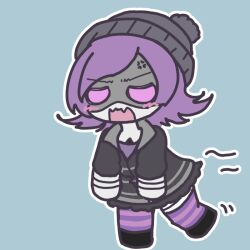 Rule 34 | 1girl, angry, beanie hat, boots, chibi, choker, glitch productions, hat, murder drones, purple eyes, purple hair, robot, uzi (murder drones)