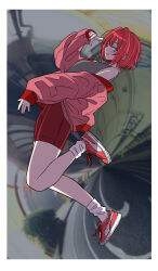 Rule 34 | 1girl, absurdres, ange katrina, bike shorts, blue eyes, bomber jacket, commentary, from side, grey shirt, hair behind ear, highres, jacket, looking ahead, lozi, nail polish, nijisanji, off shoulder, parted lips, pointing, pointing at self, puma (brand), red footwear, red hair, red jacket, red nails, red shorts, shirt, shoes, short hair, shorts, sleeveless, sleeveless shirt, smile, sneakers, socks, solo, virtual youtuber, white socks