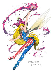 Rule 34 | 1girl, american flag dress, american flag legwear, armpits, ass, bad anatomy, blonde hair, breasts, clownpiece, dated, dress, fairy, fairy wings, full body, hat, highres, holding, holding torch, jester cap, long hair, looking to the side, looking up, open mouth, pantyhose, pink eyes, pink hat, polka dot, polka dot headwear, shishi osamu, short sleeves, simple background, small breasts, smile, solo, star (symbol), star print, striped clothes, striped dress, striped pantyhose, torch, touhou, twitter username, white background, wings