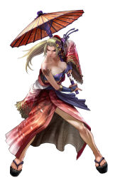 Rule 34 | 1girl, blonde hair, blue eyes, breasts, bridal gauntlets, cleavage, concealed weapon, highres, japanese clothes, kimono, large breasts, long hair, official art, oil-paper umbrella, ponytail, sandals, setsuka, sheath, solo, soul calibur, soulcalibur, soulcalibur iv, sword, tattoo, umbrella, unsheathing, weapon