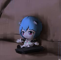 Rule 34 | 1girl, absurdres, ayanami rei, blue hair, character doll, couch, expressionless, highres, meme, neon genesis evangelion, plugsuit, red eyes, rei chikita, shiga 96, sitting, solo, stuffed toy, watching television