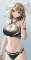 Rule 34 | 1girl, amayo thranana, blue eyes, blue pupils, bracelet, breast tattoo, breasts, brown hair, cleavage, eunie (xenoblade), head wings, highres, jewelry, large breasts, looking at viewer, medium hair, navel, solo, tattoo, upper body, white wings, wings, xenoblade chronicles (series), xenoblade chronicles 3