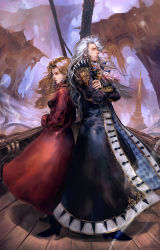 Rule 34 | 1990s (style), 1boy, 1girl, argyle, back-to-back, blonde hair, crossed arms, darill, earrings, closed eyes, final fantasy, final fantasy vi, highres, jewelry, long coat, long hair, profile, prow, ruins, scarf, setzer gabbiani, shaharkem, ship, watercraft, white hair, wooden floor