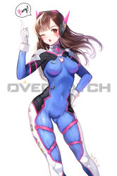 Rule 34 | 1girl, bad id, bad pixiv id, bodysuit, breasts, brown eyes, brown hair, chestnut mouth, copyright name, d.va (overwatch), emyo, english text, facial mark, finger gun, gloves, hand on own hip, headphones, highres, long hair, looking at viewer, medium breasts, one eye closed, overwatch, overwatch 1, pilot suit, simple background, solo, speech bubble, whisker markings