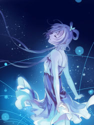 Rule 34 | 1girl, arms behind back, bad id, bad pixiv id, breasts, closed eyes, dress, expressionless, female focus, feng you, feng youzi, hair ornament, light, luo tianyi, short hair with long locks, small breasts, solo, spaghetti strap, star (symbol), starry background, vocaloid, wind, wind lift