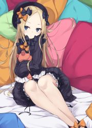 Rule 34 | 1girl, :o, abigail williams (fate), bed sheet, black bow, black dress, black footwear, black hat, bloomers, bow, bug, butterfly, commentary request, dress, fate/grand order, fate (series), hair bow, hands in opposite sleeves, hat, head tilt, highres, hugging object, insect, long hair, long sleeves, looking at viewer, monobe tsukuri, orange bow, parted bangs, parted lips, pillow, polka dot, polka dot bow, sitting, solo, stuffed animal, stuffed toy, teddy bear, underwear, very long hair, white bloomers