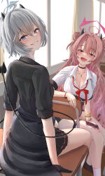 Rule 34 | 2girls, black gloves, black shirt, black skirt, blue archive, blue eyes, blush, breasts, cellphone, classroom, cleavage, collarbone, collared shirt, desk, double bun, erika (blue archive), from behind, gloves, grey hair, grin, hair bun, halo, highres, holding, holding phone, horns, indoors, kirara (blue archive), large breasts, looking at viewer, looking back, multiple girls, nail polish, parted lips, phone, pink eyes, pink hair, red nails, shirt, silver bullet (ecc12 8), sitting, skirt, smartphone, smile, socks, tail, teeth, white shirt, white socks