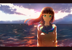 Rule 34 | 1girl, aqua eyes, artist name, backlighting, black hair, blunt bangs, buttons, cloud, double-breasted, green eyes, hair ornament, happy tears, highres, kurosawa dia, lens flare, letterboxed, long hair, long sleeves, looking at viewer, love live!, love live! sunshine!!, marshall (wahooo), mole, mole under mouth, ocean, outdoors, school uniform, smile, solo, standing, tears, upper body, uranohoshi school uniform, wind