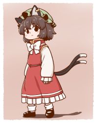 Rule 34 | 1girl, @ @, animal ears, black footwear, border, bow, bowtie, brown hair, cat ears, cat tail, chen, closed mouth, dress, earrings, full body, green hat, grey background, hat, jewelry, long sleeves, looking at viewer, multiple tails, poronegi, red dress, red eyes, shirt, shoes, short hair, simple background, socks, solo, tail, touhou, two tails, white border, white bow, white bowtie, white shirt, white socks