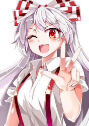 Rule 34 | 1girl, bow, e.o., fujiwara no mokou, hair bow, highres, looking at viewer, one eye closed, open mouth, red eyes, shirt, short sleeves, silver hair, smile, solo, suspenders, torn clothes, torn sleeves, touhou, upper body, urban legend in limbo, v, w