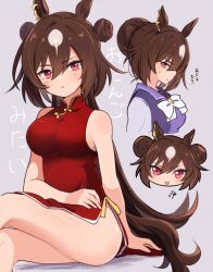 Rule 34 | 1girl, alternate costume, alternate hairstyle, animal ears, bare shoulders, blush, bow, breasts, brown hair, china dress, chinese clothes, commentary request, den den tumuri, double bun, dress, ear ornament, grey background, hair between eyes, hair bun, highres, horse ears, horse girl, horse tail, long hair, long sleeves, looking at viewer, medium breasts, multicolored hair, multiple views, parted lips, purple shirt, red dress, red eyes, sailor collar, school uniform, shirt, simple background, sirius symboli (umamusume), sleeveless, sleeveless dress, smile, streaked hair, tail, tracen school uniform, translation request, umamusume, very long hair, white bow, white hair, winter uniform
