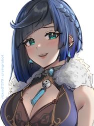 Rule 34 | 1girl, artist name, bare shoulders, blue hair, braid, breasts, commentary, crown braid, diagonal bangs, dice, ear piercing, earrings, eyes visible through hair, fur collar, genshin impact, green eyes, highres, jewelry, large breasts, light blush, looking at viewer, mole, mole on breast, parted lips, piercing, short hair, simple background, sketch, sleeveless, smile, solo, tassel, upper body, vickie (cryingrobot), white background, yelan (genshin impact)