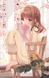 Rule 34 | 1girl, barefoot, blurry, blurry foreground, blush, book, book stack, braid, brown dress, brown hair, chair, cherry blossoms, commentary request, covered mouth, depth of field, dress, flower, hair ribbon, holding, kinty, knees up, long hair, long sleeves, looking at viewer, magazine (object), on chair, original, petals, pink flower, red eyes, ribbon, sitting, solo, toes, white ribbon, window