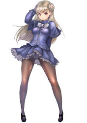 Rule 34 | 1girl, absurdres, blonde hair, brown pantyhose, capcom fighting jam, commentary request, frilled skirt, frills, hairpods, highres, impossible clothes, ingrid (capcom), johan (johan13), long hair, mary janes, panties, panties under pantyhose, pantyhose, red eyes, ribbon, shoes, skirt, solo, underwear, white ribbon, wind, wind lift