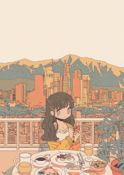 Rule 34 | 1girl, black hair, building, camisole, city, cityscape, cup, food, fork, grey eyes, hair ornament, hairclip, knife, leaf, long hair, long sleeves, los angeles, mountain, no nose, noeru (noellemonade), off-shoulder sweater, off shoulder, original, outdoors, pitcher (container), plant, plate, potted plant, signature, skyscraper, solo, sweater, table, tree, white camisole, yellow sweater