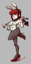 Rule 34 | 1girl, animal ears, black bow, black bowtie, bow, bowtie, braid, braided ponytail, chainsaw man, fake animal ears, fake tail, fishnet pantyhose, fishnets, grey background, hair bow, high heels, highres, holding, holding riding crop, holding whip, leotard, looking at viewer, madamerinrin, makima (chainsaw man), medium hair, pantyhose, parody, playboy bunny, rabbit ears, rabbit tail, red eyes, red hair, riding crop, sidelocks, simple background, skullgirls, solo, standing, standing on one leg, strapless, strapless leotard, style parody, tail, white leotard, wrist cuffs