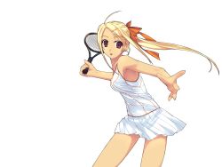 Rule 34 | blonde hair, bow, highres, long hair, murakami suigun, ponytail, red eyes, skirt, tennis, white theme