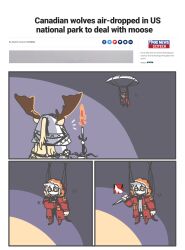 Rule 34 | 2girls, absurdres, air drop, animal ears, antlers, arknights, blonde hair, candle, candlestand, comic, deer antlers, deer ears, deer girl, english text, fox news, grey hair, highres, holding, holding candle, holding knife, horns, knife, kotcate, multiple girls, parachute, projekt red (arknights), silent comic, surprised, tail, viviana (arknights), wolf ears, wolf girl, wolf tail