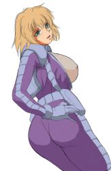 Rule 34 | 1girl, blonde hair, breasts, breasts out, cowboy shot, female focus, green eyes, gundam, gundam side story: from place beyond the blaze, hand on own hip, huge breasts, lilia flaubert, looking at viewer, looking back, open mouth, pilot suit, simple background, small nipples, solo, tsena, white background