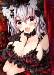 Rule 34 | 1girl, animal ear fluff, animal ears, black gloves, blurry, blush, breasts, cat ears, choker, cleavage, depth of field, dress, elbow gloves, fang, finger to mouth, flower, frilled choker, frilled dress, frills, from above, gloves, hair between eyes, hair flower, hair ornament, highres, large breasts, long hair, looking at viewer, ooji cha, open mouth, original, oziko (ooji cha), purple eyes, silver hair, sitting, solo