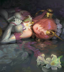 Rule 34 | 1girl, 2017, alphonse (white datura), breasts, cleavage, closed eyes, dated, elbow gloves, fate/apocrypha, fate (series), female focus, flower, frankenstein&#039;s monster (fate), gloves, hair flower, hair ornament, holding, holding flower, lily (flower), lily pad, lips, lying, on back, pink hair, reflection, rose, see-through, see-through cleavage, signature, solo, water