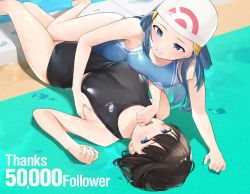 Rule 34 | 2girls, black hair, black one-piece swimsuit, blue eyes, blue hair, blue one-piece swimsuit, breasts, commentary request, competition swimsuit, creatures (company), dawn (pokemon), english text, game freak, hair between eyes, hand on another&#039;s chest, long hair, lying, medium breasts, milestone celebration, multiple girls, nintendo, on back, on side, one-piece swimsuit, original, pokemon, pokemon dppt, pool, poolside, short hair, swim cap, swimsuit, thank you, vegetablenabe