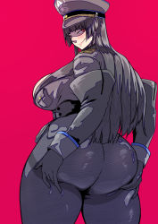 Rule 34 | 1girl, ass, ass grab, black hair, black pantyhose, blunt bangs, breasts, curvy, from behind, huge ass, huge breasts, kandata nijou, large breasts, long sleeves, military, military uniform, original, pantyhose, plump, red backround, red eyes, smile, solo, thick thighs, thighs, uniform, wide hips