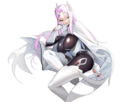 Rule 34 | 1girl, absurdres, black bodysuit, bodysuit, boots, breasts, cape, gloves, green eyes, highres, horns, impossible clothes, large breasts, long hair, mato seihei no slave, najiu jiao xiaolan ba, pink hair, shiny clothes, skin tight, thigh boots, white cape, white footwear, white gloves, yuno naon