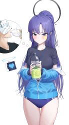 Rule 34 | 1boy, 1girl, absurdres, doodle sensei (blue archive), black shirt, blue archive, blue jacket, blush, bottle, breasts, closed mouth, commentary request, drinking, gym shirt, halo, highres, holding, holding bottle, jacket, lanyard, long hair, medium breasts, plastic bottle, purple eyes, purple hair, sensei (blue archive), shirt, short sleeves, simple background, standing, star sticker, sticker on face, thighs, track jacket, uh9, white background, yuuka (blue archive), yuuka (track) (blue archive)