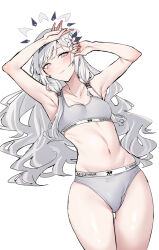 Rule 34 | 1girl, armpits, asakawa (outeq), black hairband, blue archive, blush, bra, breasts, closed mouth, collarbone, cowboy shot, flower, grey bra, grey eyes, grey hair, grey halo, grey panties, hair flower, hair ornament, hair tubes, hairband, halo, highres, himari (blue archive), long hair, mole, mole under eye, navel, panties, sidelocks, simple background, small breasts, smile, solo, striped clothes, striped hairband, underwear, white background, white flower
