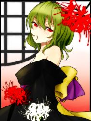 Rule 34 | 1girl, alternate costume, bad id, bad pixiv id, bare shoulders, flower, framed, green hair, hair in own mouth, highres, japanese clothes, kazami yuuka, kimono, looking at viewer, off shoulder, red eyes, round window, sash, shironeko yuuki, solo, spider lily, touhou, white flower, white spider lily, window