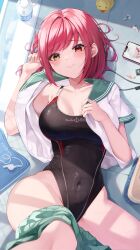 Rule 34 | 1girl, absurdres, bare shoulders, blush, bottle, breasts, cellphone, collarbone, competition swimsuit, covered navel, earphones, heterochromia, highleg, highres, hololive, houshou marine, large breasts, long hair, looking at viewer, lying, one-piece swimsuit, phone, pleated skirt, pool, red eyes, red hair, rubber duck, school uniform, serafuku, short sleeves, skirt, smartphone, solo, swimsuit, tyabesu, virtual youtuber, water bottle, whistle, yellow eyes