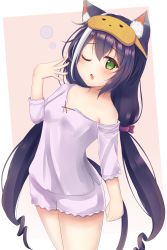 Rule 34 | 1girl, animal ear fluff, animal ears, black hair, blush, bow, breasts, brown background, cat ears, cat girl, cat tail, collarbone, commentary request, green eyes, hair between eyes, hair bow, hand up, highres, karyl (princess connect!), long hair, long sleeves, low twintails, mask, mask on head, minakami mimimi, multicolored hair, one eye closed, parted lips, princess connect!, purple shirt, purple shorts, red bow, ringlets, shirt, short shorts, shorts, sleep mask, small breasts, solo, standing, streaked hair, tail, twintails, two-tone background, very long hair, white background, white hair