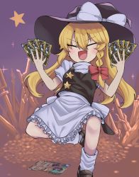Rule 34 | 1girl, absurdres, apron, black skirt, black vest, blonde hair, blush, bow, braid, brown footwear, closed eyes, coin, commentary request, cookie (touhou), fang, frilled apron, frills, full body, hair between eyes, hair bow, hat, hat bow, hearthstone, highres, holding, kirisame marisa, long hair, open mouth, planted, planted sword, planted weapon, purple background, red bow, shoes, side braid, single braid, skin fang, skirt, socks, solo, sparkle, star (symbol), suzu (cookie), sword, tottoto neros, touhou, trading card, vest, waist apron, warcraft, weapon, white apron, white bow, white socks, witch hat