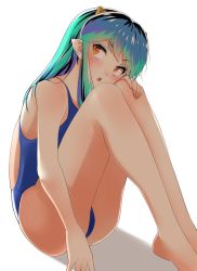 Rule 34 | 1girl, barefoot, blue hair, blue one-piece swimsuit, commentary request, competition swimsuit, full body, gradient background, green hair, highres, long hair, looking back, lum, nanao futaba, one-piece swimsuit, pointy ears, simple background, sitting, solo, swimsuit, urusei yatsura, white background, yellow eyes